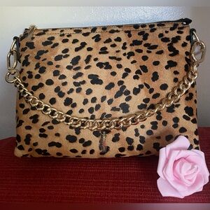 NWT.. THACKER LEOPARD PRINT 
CALF HAIR LEATHER CHAIN CROSSBODY SHOULDER BAG